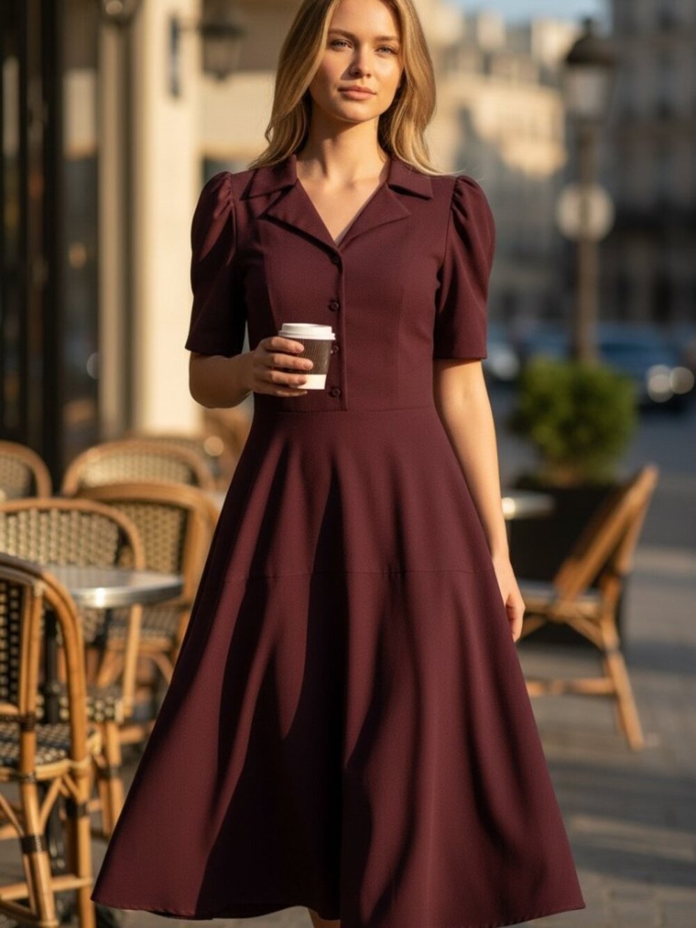 Gal Meets Glam Collection Burgundy Fit & Flare Midi Dress Size 2 Puff Sleeve
